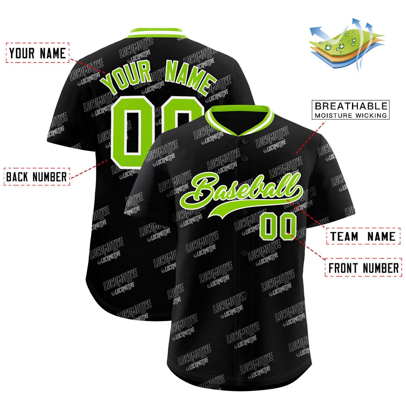 Custom Black Neon Green Full Button Text Graffiti Pattern Authentic Baseball Jersey