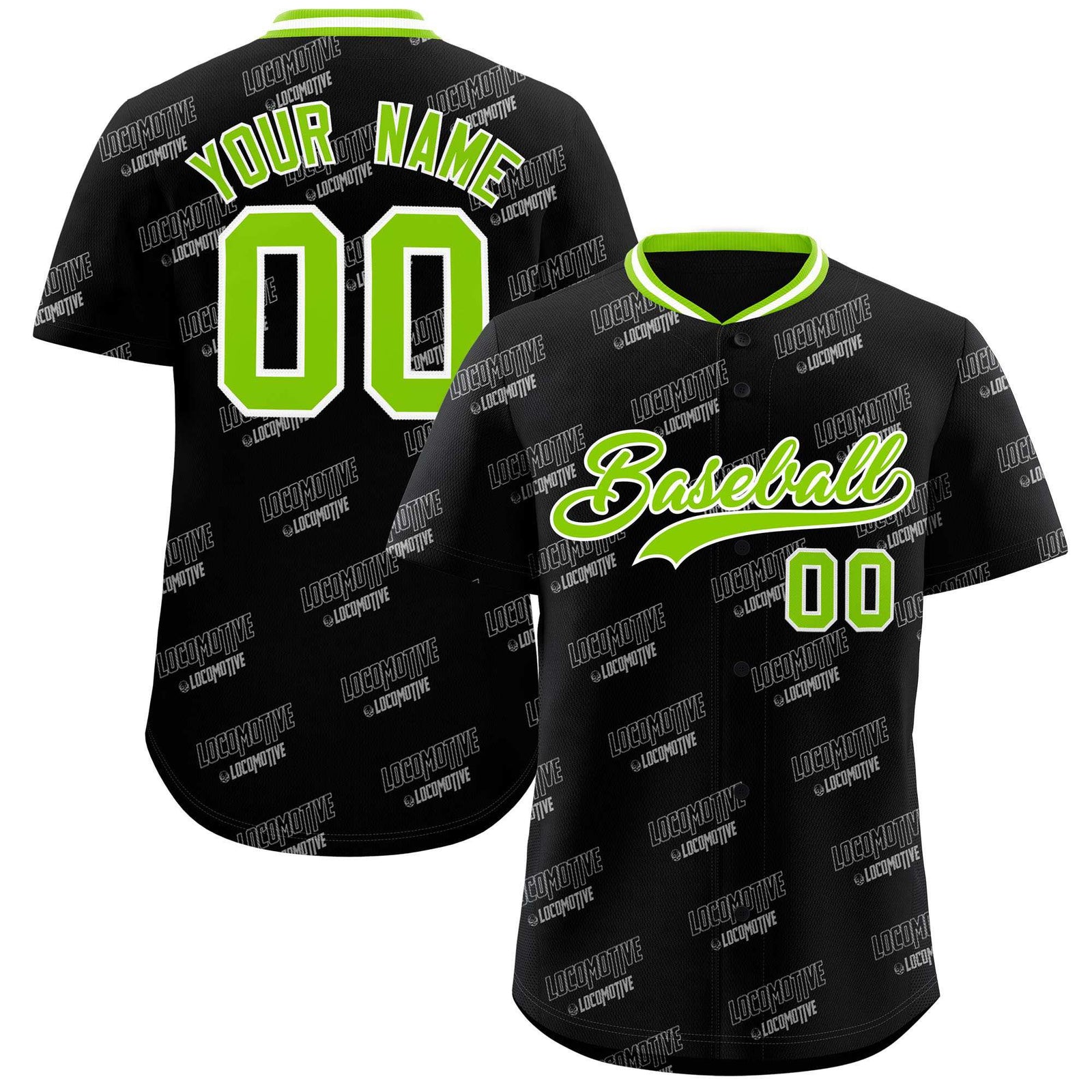 Custom Black Neon Green Full Button Text Graffiti Pattern Authentic Baseball Jersey