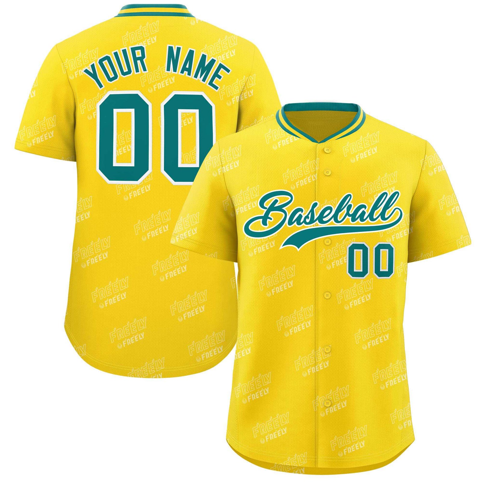 Custom Gold Teal Full Button Text Graffiti Pattern Authentic Baseball Jersey