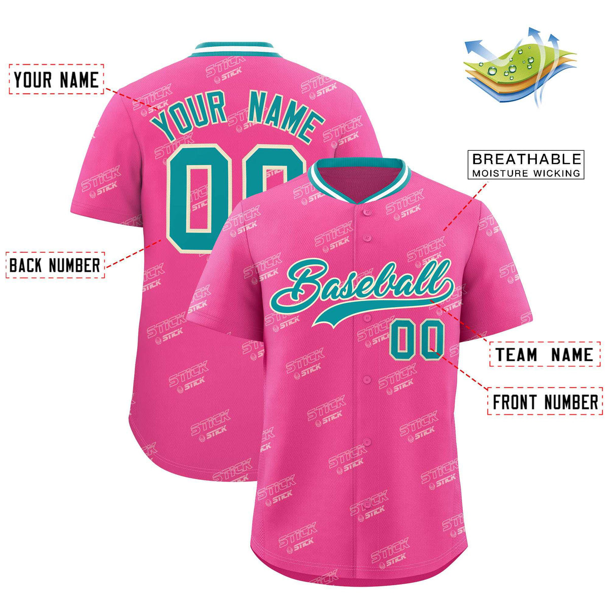 Custom Pink Aqua Full Button Text Graffiti Pattern Authentic Baseball Jersey