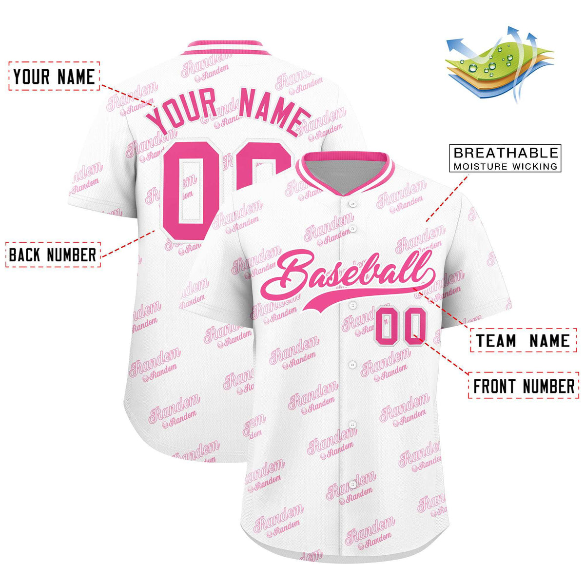 Custom White Pink Full Button Text Graffiti Pattern Authentic Baseball Jersey