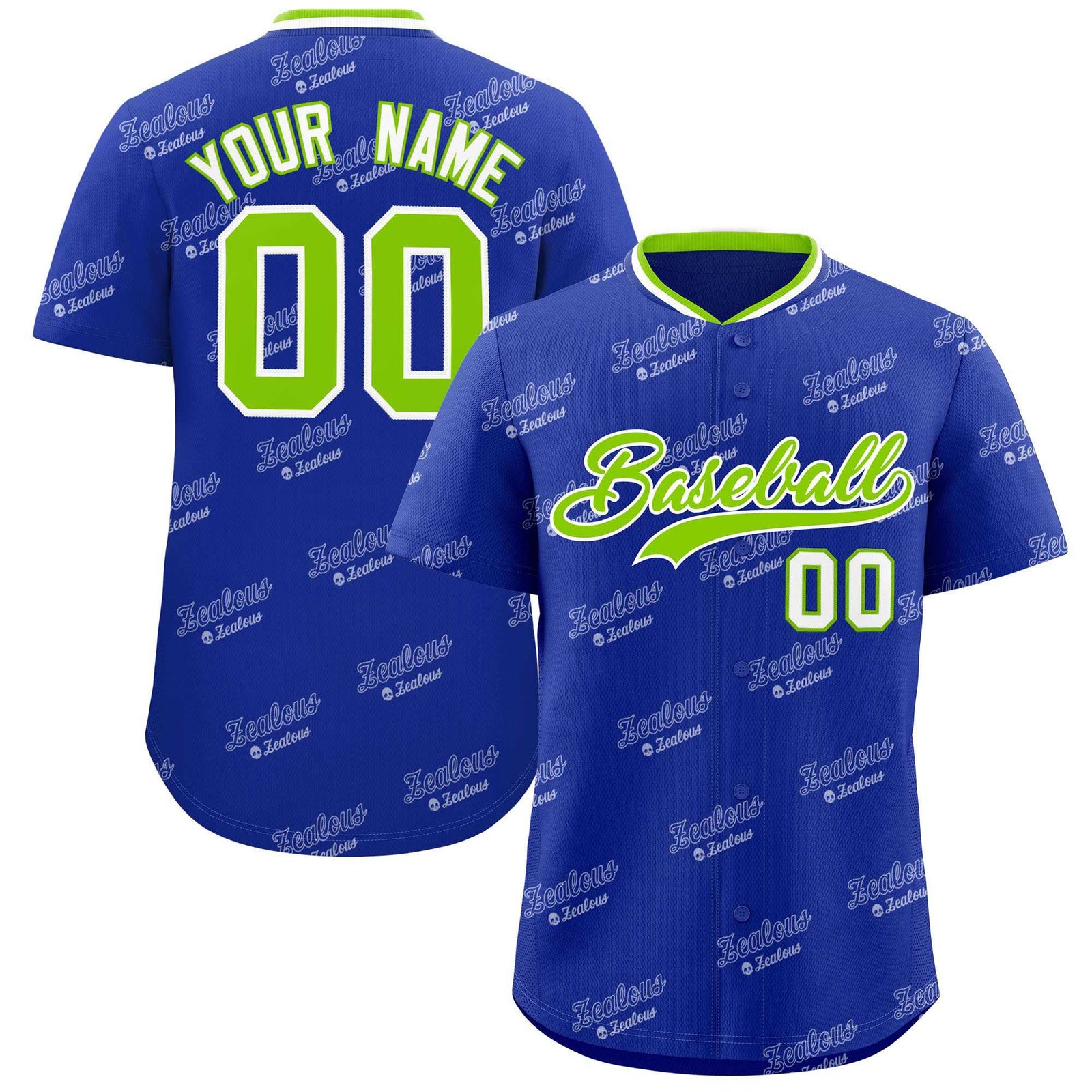 Custom Royal Neon Green Full Button Text Graffiti Pattern Authentic Baseball Jersey