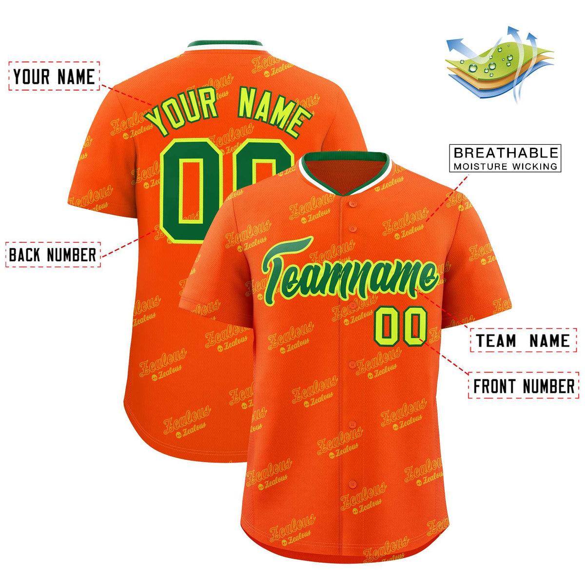 Custom Orange Kelly Green Full Button Text Graffiti Pattern Authentic Baseball Jersey