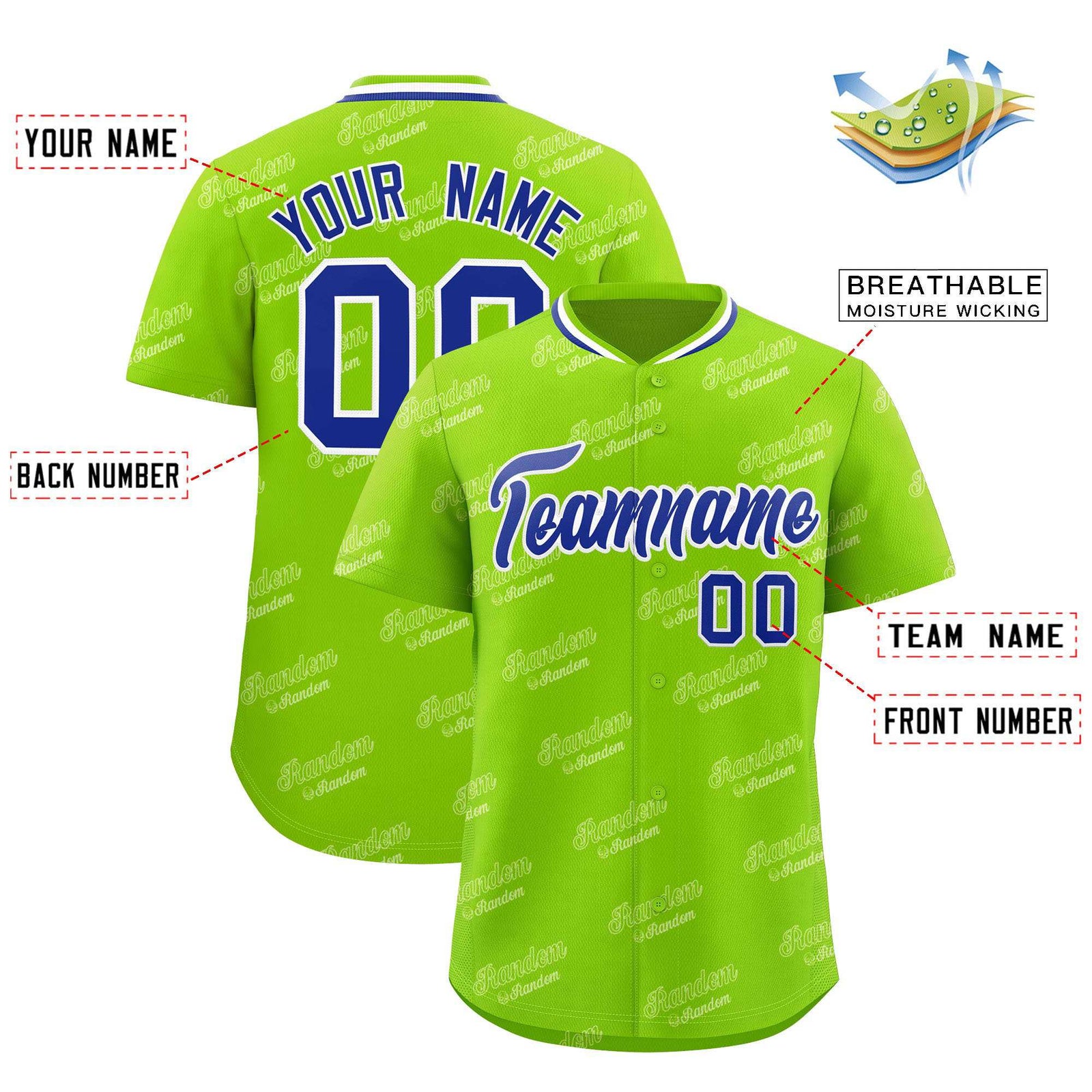 Custom Neon Green Royal Full Button Text Graffiti Pattern Authentic Baseball Jersey