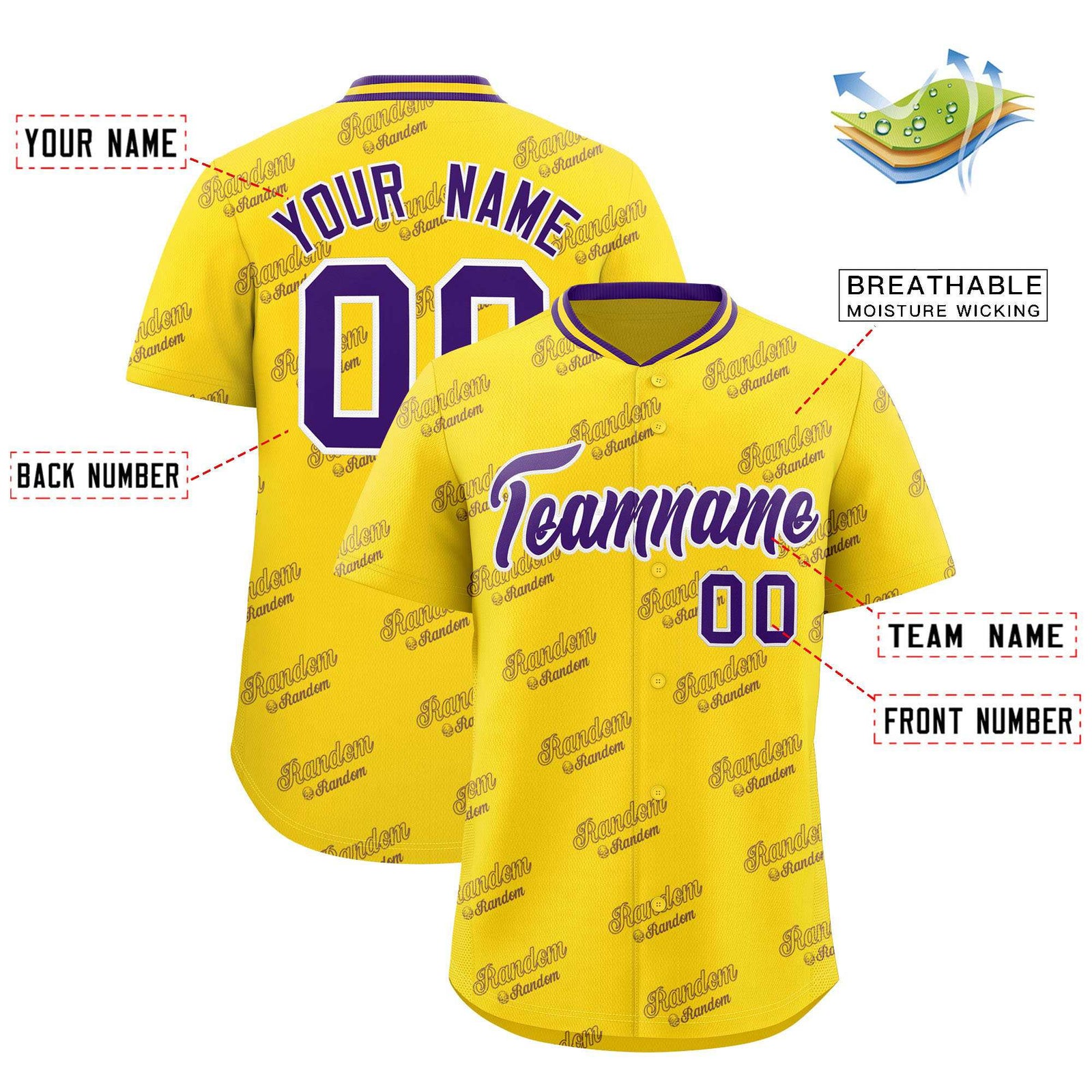 Custom Gold Purple Full Button Text Graffiti Pattern Authentic Baseball Jersey
