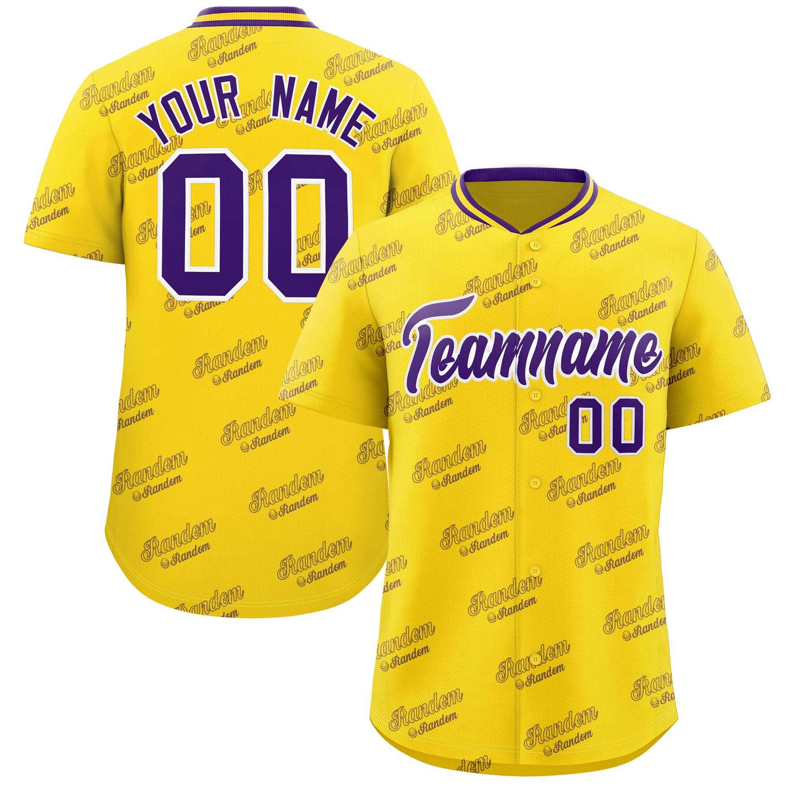 Custom Gold Purple Full Button Text Graffiti Pattern Authentic Baseball Jersey
