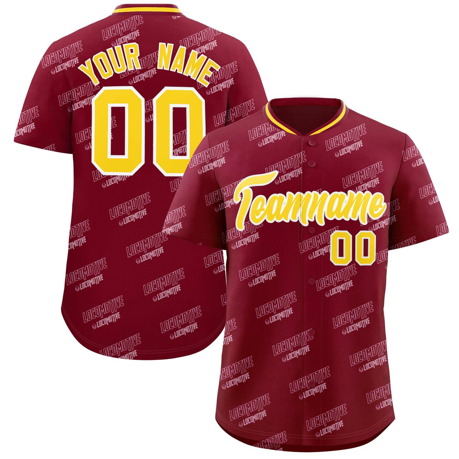 Custom Crimson Gold Full Button Text Graffiti Pattern Authentic Baseball Jersey