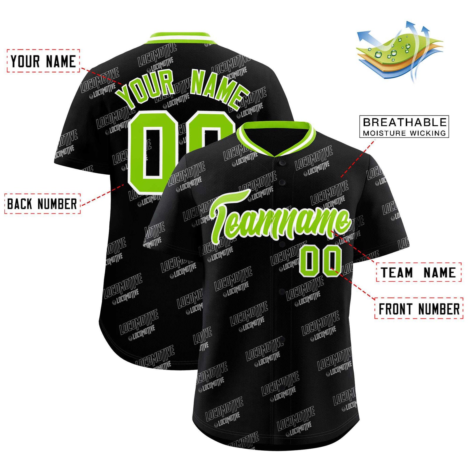 Custom Black Neon Green Full Button Text Graffiti Pattern Authentic Baseball Jersey