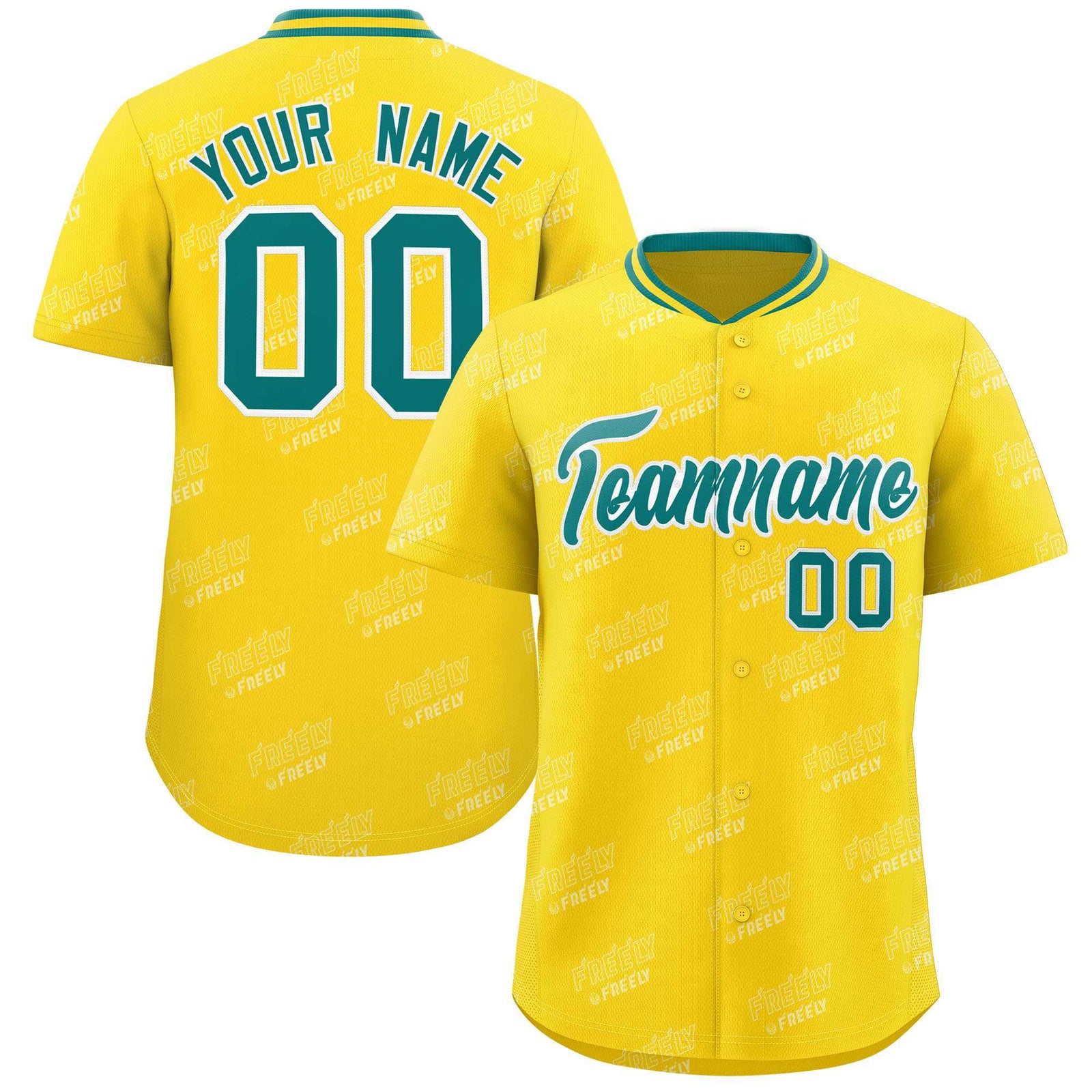 Custom Gold Teal Full Button Text Graffiti Pattern Authentic Baseball Jersey