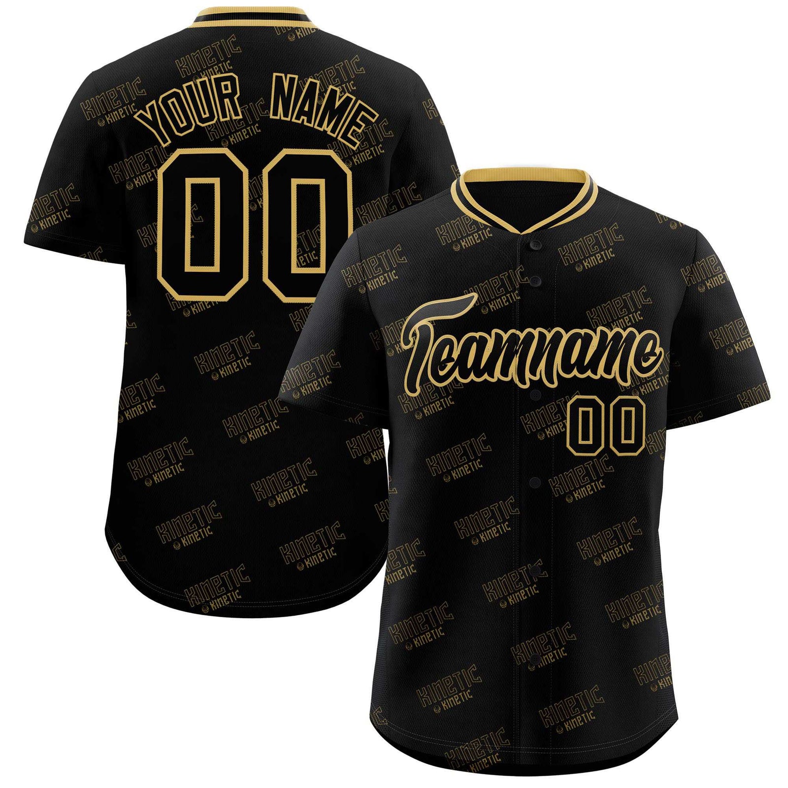 Custom Black Old Gold Full Button Text Graffiti Pattern Authentic Baseball Jersey
