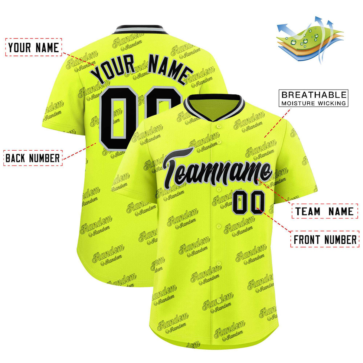 Custom Fluorescent Green Black Full Button Text Graffiti Pattern Authentic Baseball Jersey