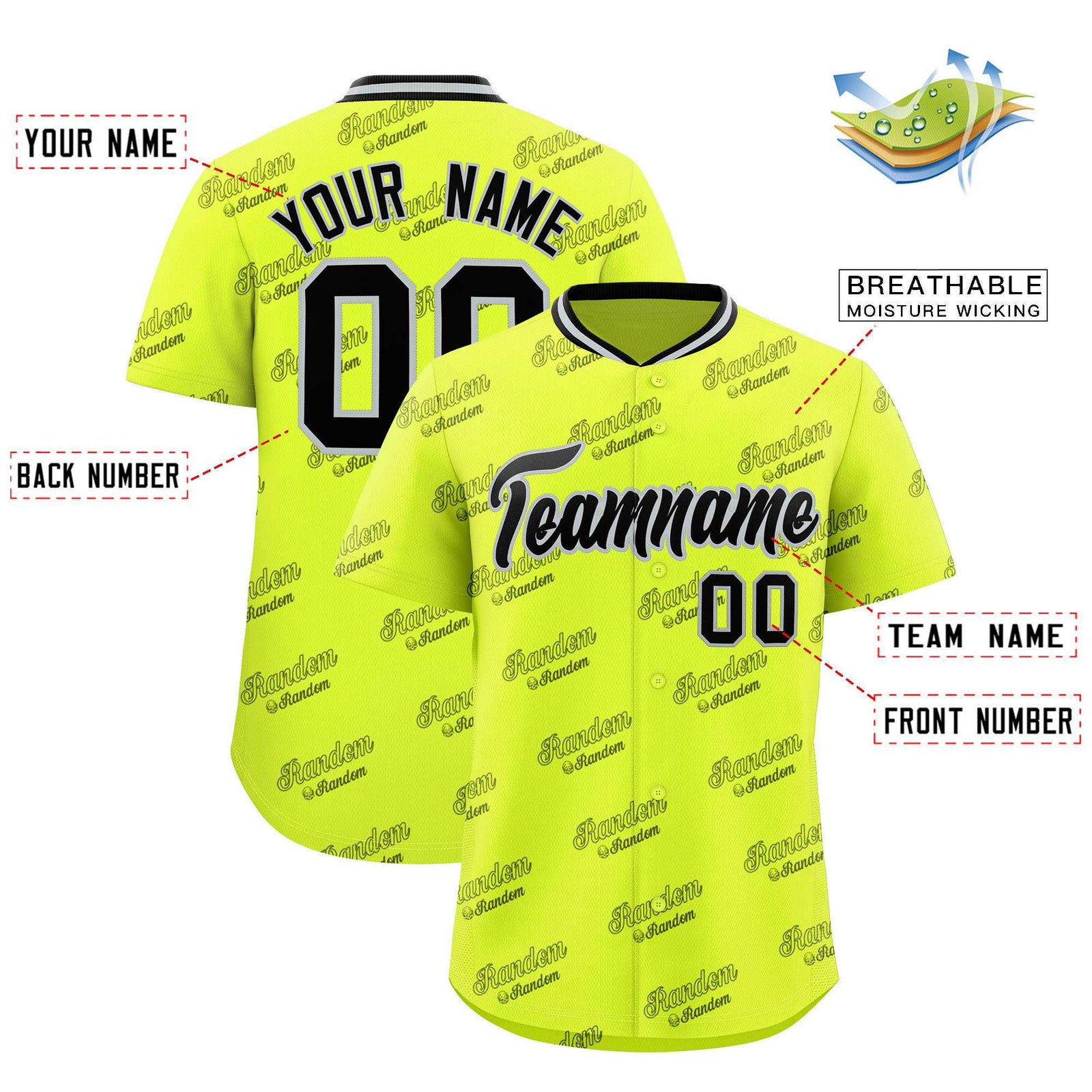 Custom Fluorescent Green Black Full Button Text Graffiti Pattern Authentic Baseball Jersey