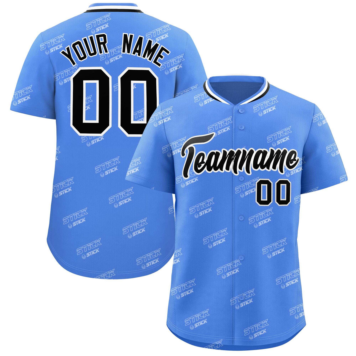 Custom Powder Blue Black Full Button Text Graffiti Pattern Authentic Baseball Jersey