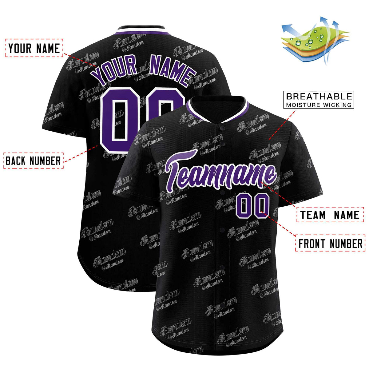 Custom Black Purple Full Button Text Graffiti Pattern Authentic Baseball Jersey