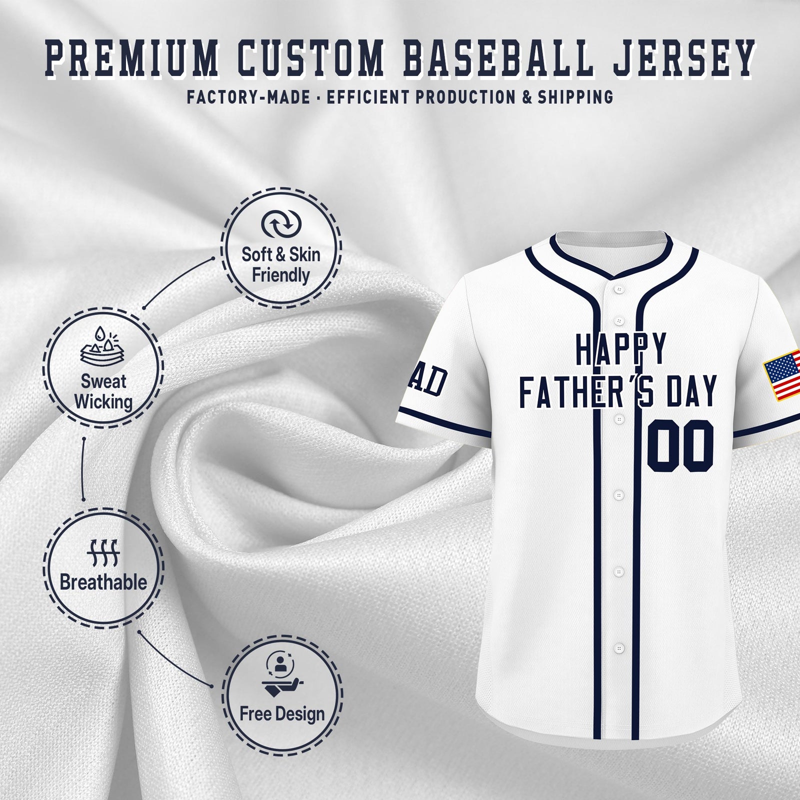 Custom White Navy Classic Style Father's Day Quick Dry Baseball Jersey| KXKSHOP