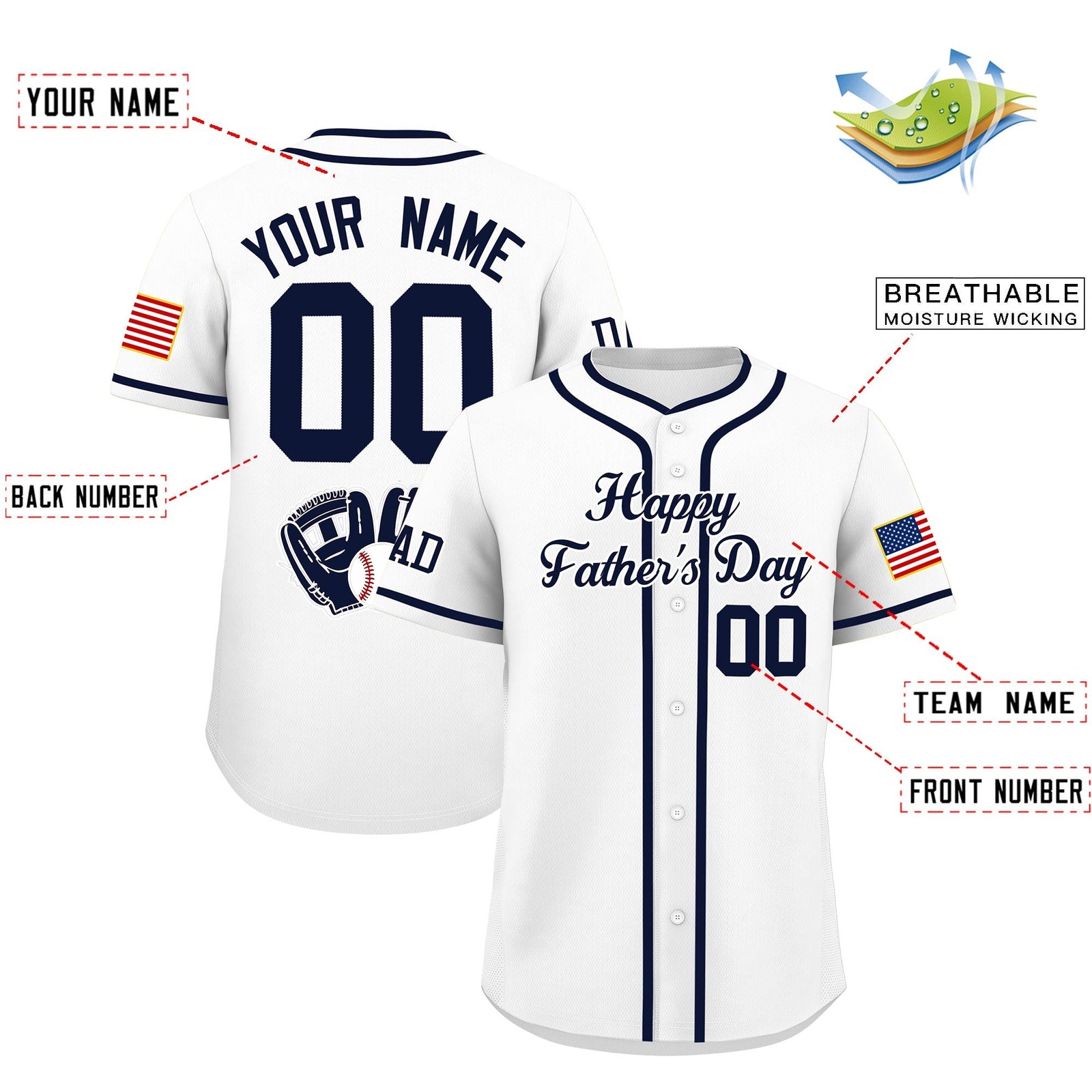 Custom White Navy Classic Style Father's Day Quick Dry Baseball Jersey| KXKSHOP