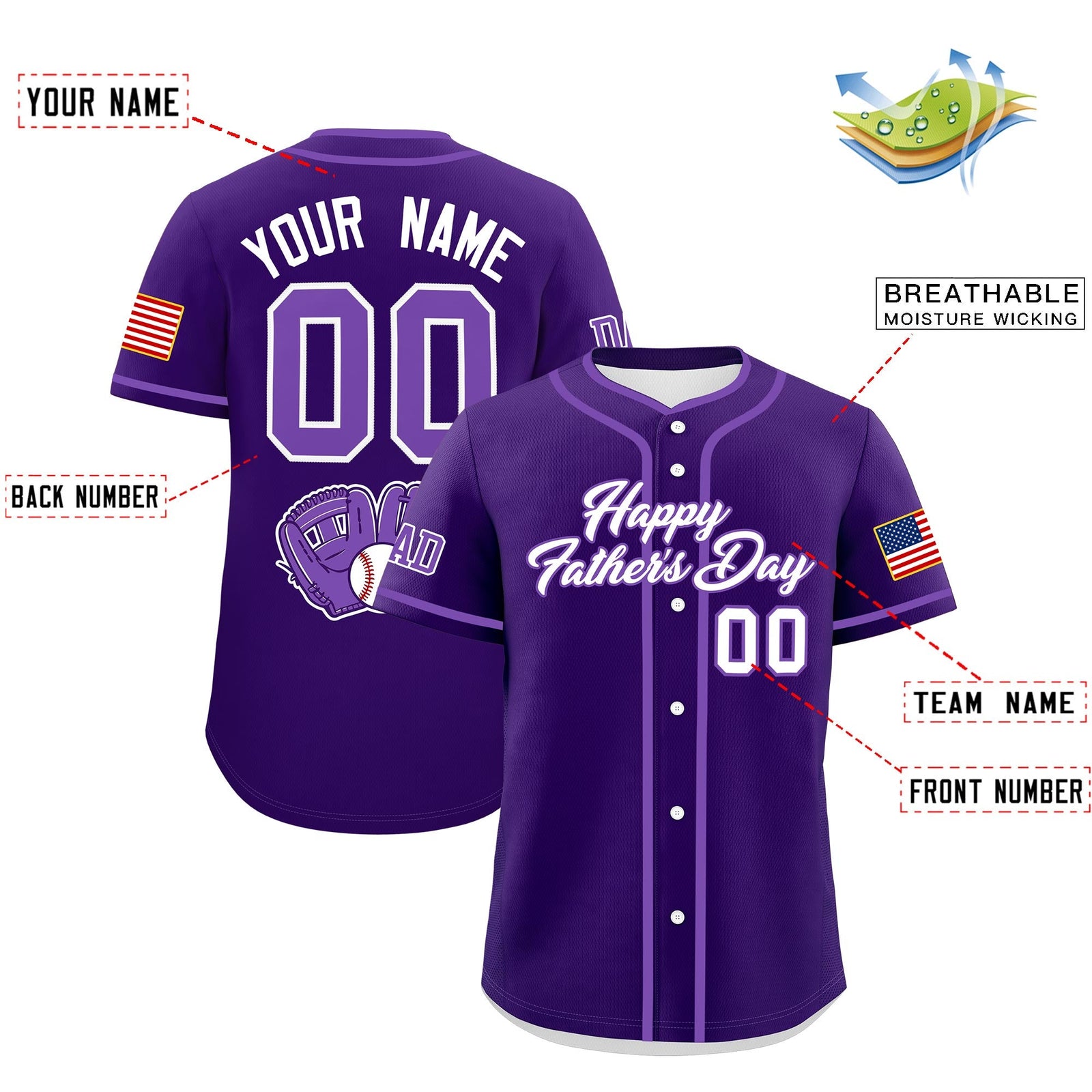 Custom Purple White Classic Style Father's Day Quick Dry Baseball Jersey| KXKSHOP