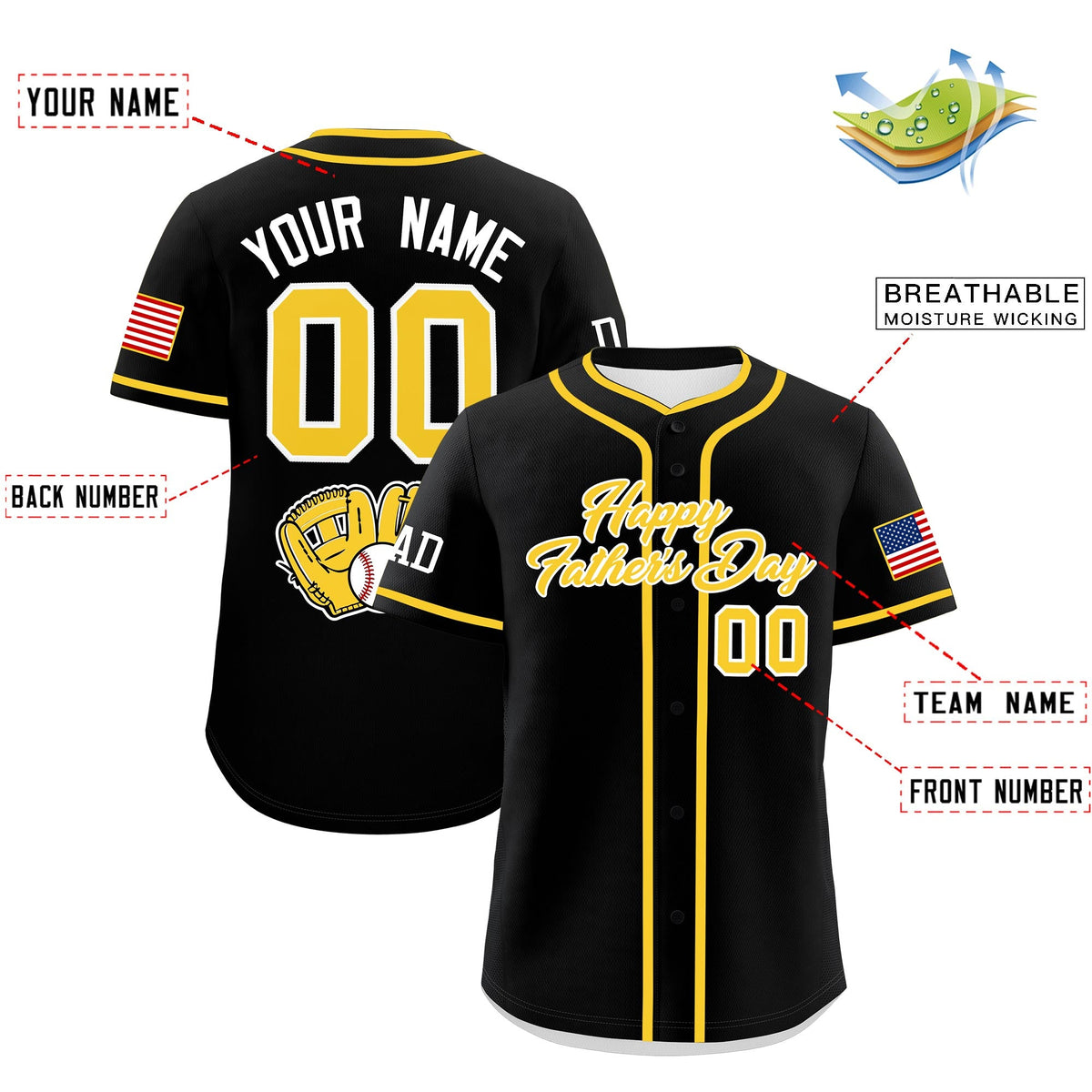 Custom Black Gold White Classic Style Father's Day Quick Dry Baseball Jersey| KXKSHOP