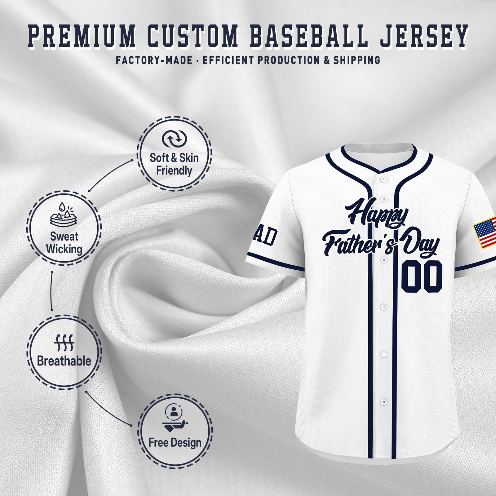 Custom White Navy Classic Style Father's Day Quick Dry Baseball Jersey| KXKSHOP