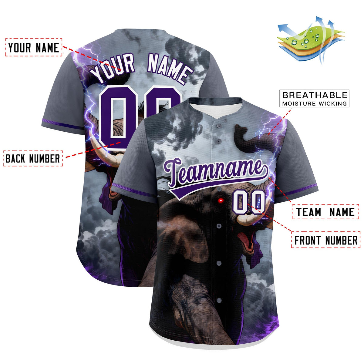 Custom Purple White Elephant Animal Series Personalization Graffiti Pattern Baseball Jersey| KXKSHOP