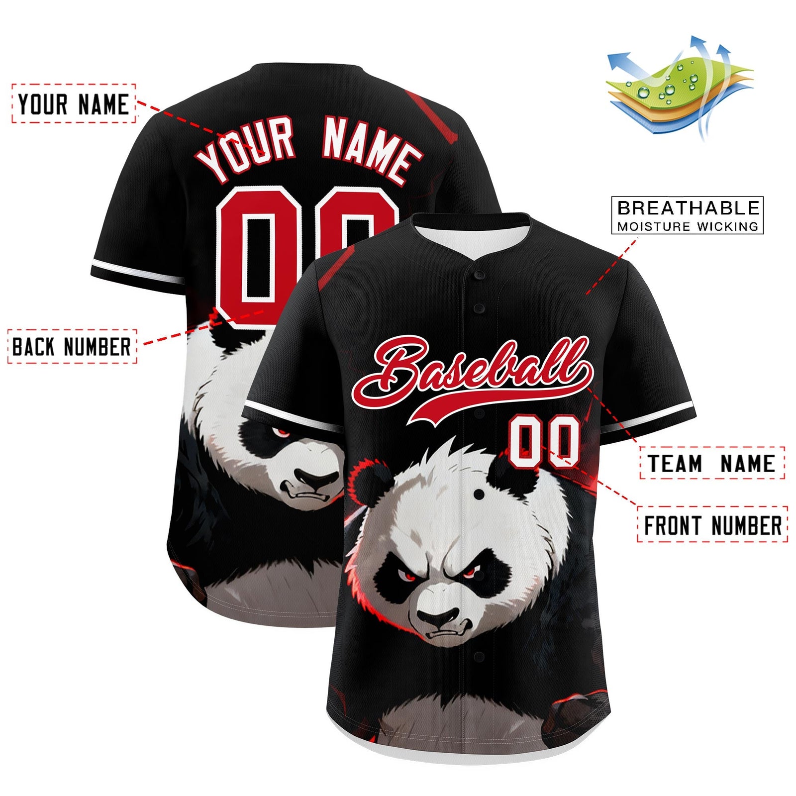 Custom Black White Red Panda Animal Series Personalization Graffiti Pattern Baseball Jersey| KXKSHOP