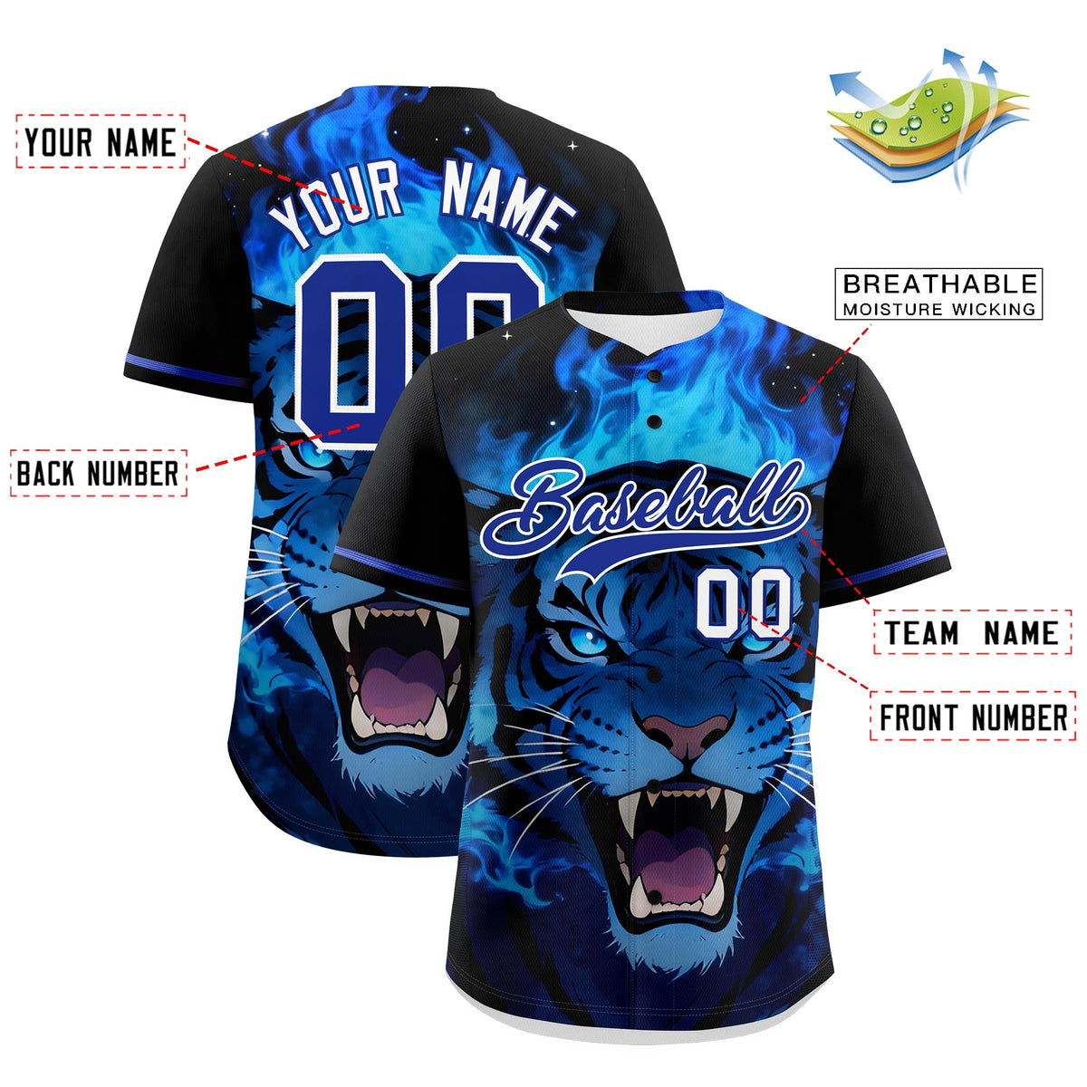 Custom Black Royal Blue White Tiger Animal Series Personalization Graffiti Pattern Baseball Jersey| KXKSHOP