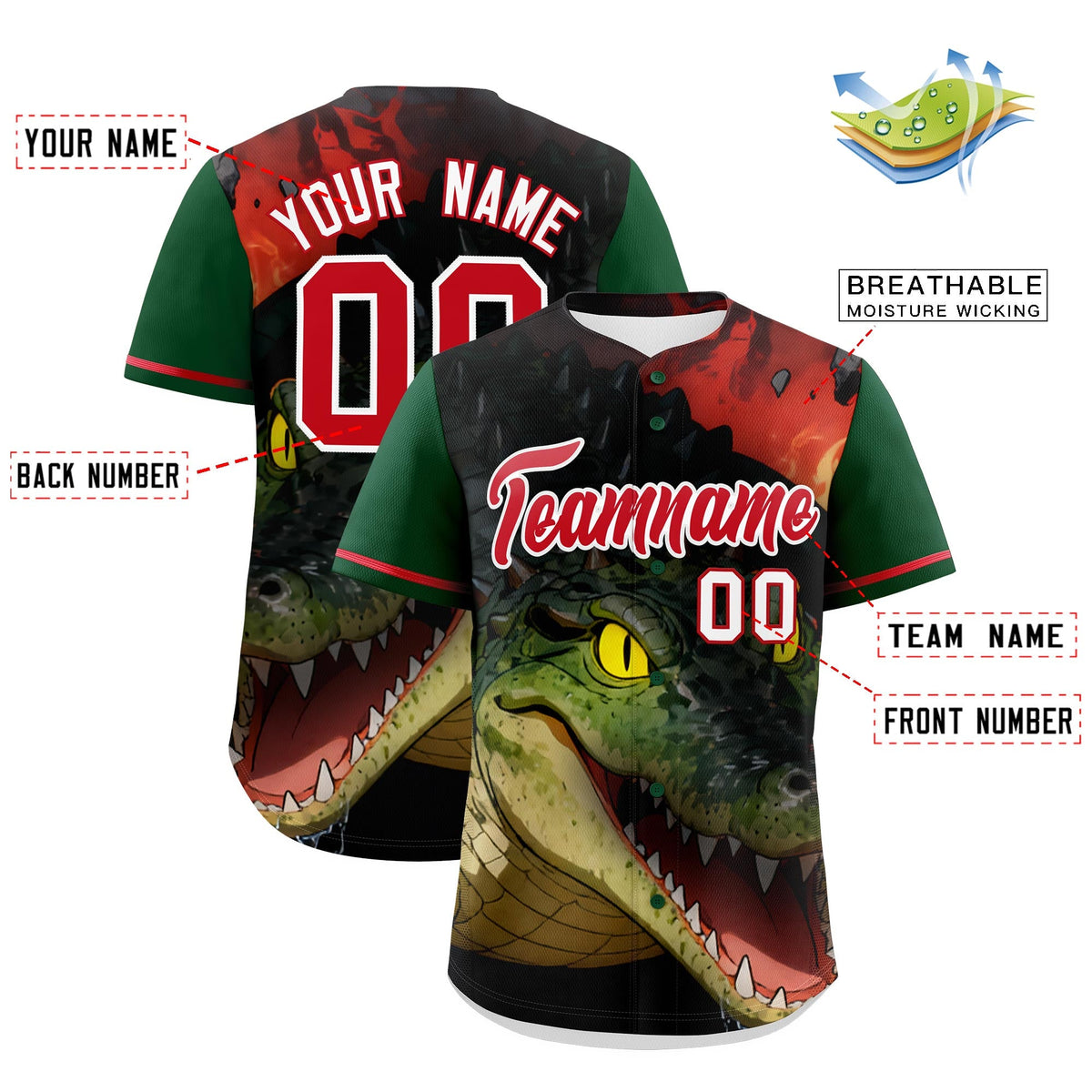 Custom Dark Green Red White Crocodile Animal Series Personalization Graffiti Pattern Baseball Jersey| KXKSHOP