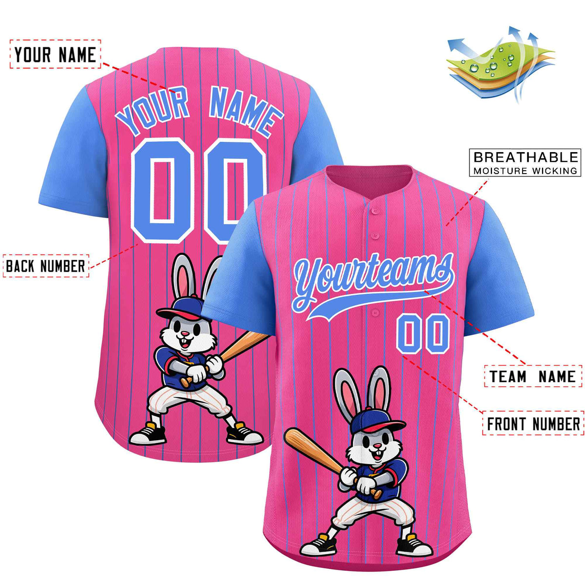 Custom Pink Light Blue Stripe Animals Graffiti Pattern Raglan Sleeves Authentic Baseball Jersey