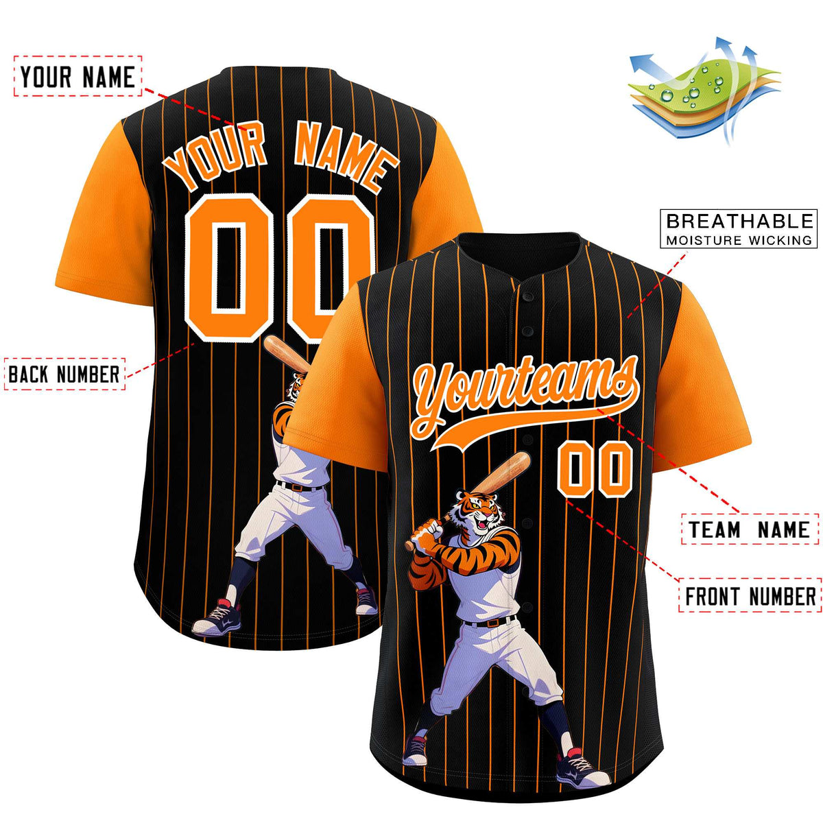 Custom Black Orange Stripe Animals Graffiti Pattern Raglan Sleeves Authentic Baseball Jersey