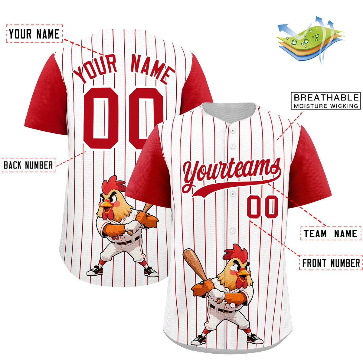 Custom White Red Stripe Animals Graffiti Pattern Raglan Sleeves Authentic Baseball Jersey