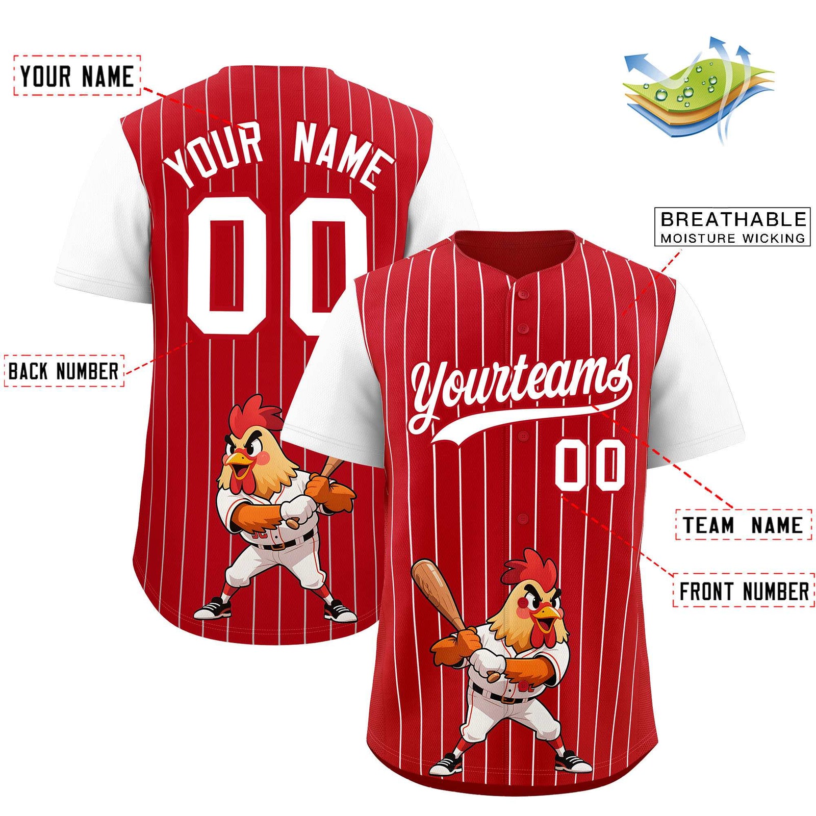 Custom Red White Stripe Animals Graffiti Pattern Raglan Sleeves Authentic Baseball Jersey