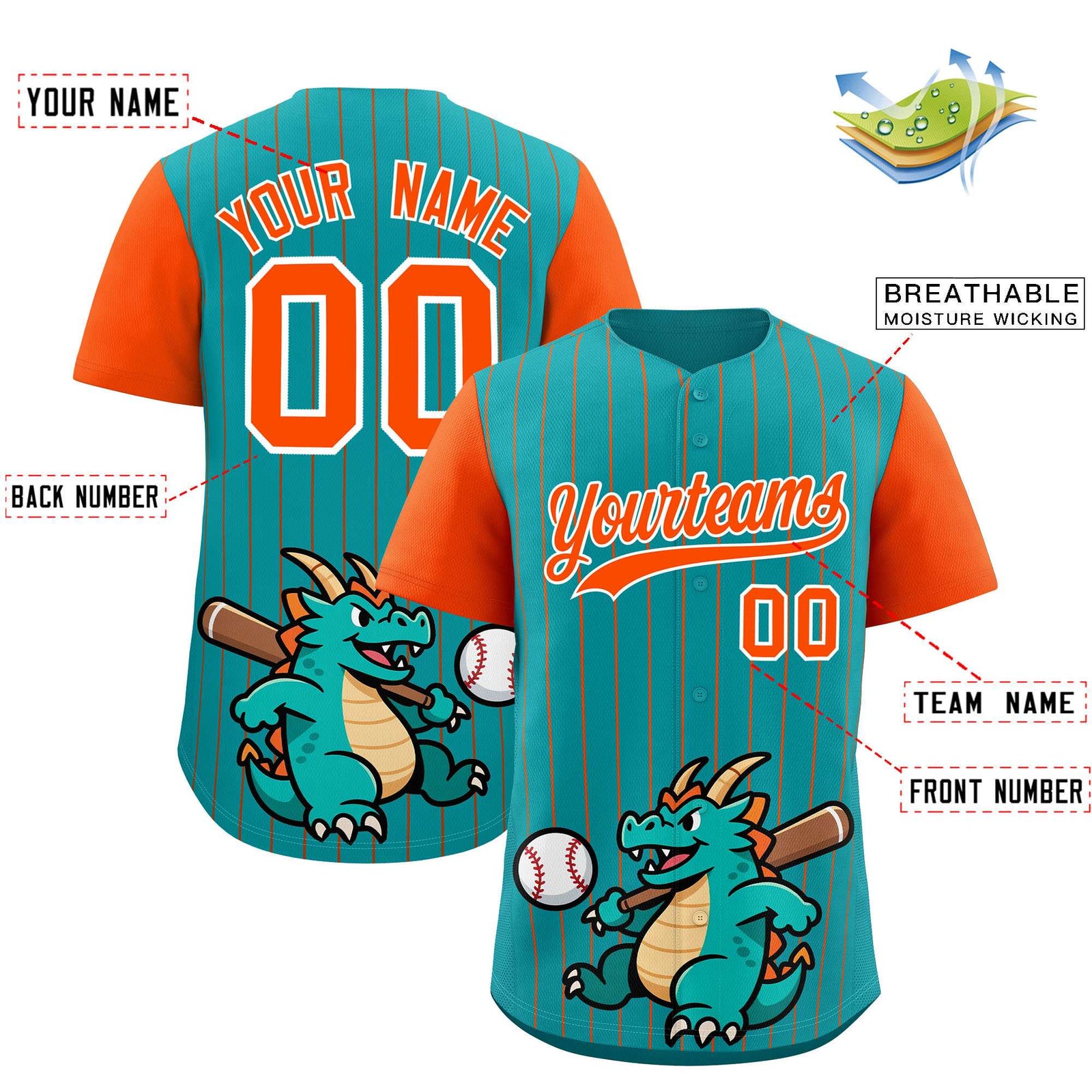 Custom Aqua Orange Stripe Animals Graffiti Pattern Raglan Sleeves Authentic Baseball Jersey