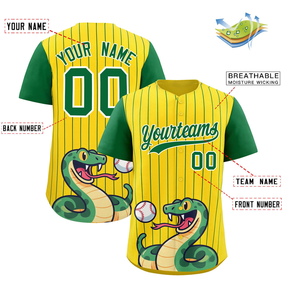 Custom Gold Kelly Green Stripe Animals Graffiti Pattern Raglan Sleeves Authentic Baseball Jersey