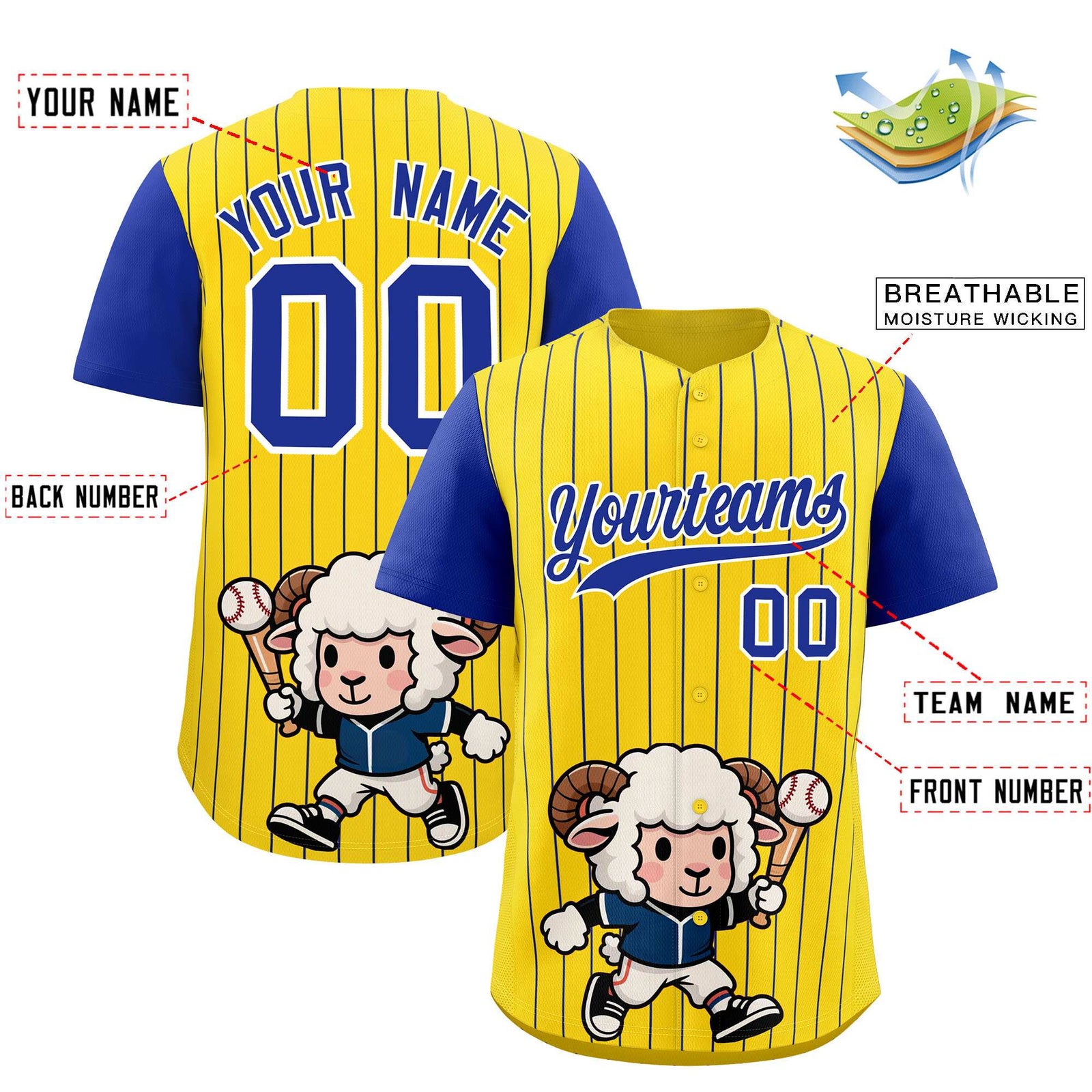 Custom Gold Royal Stripe Animals Graffiti Pattern Raglan Sleeves Authentic Baseball Jersey