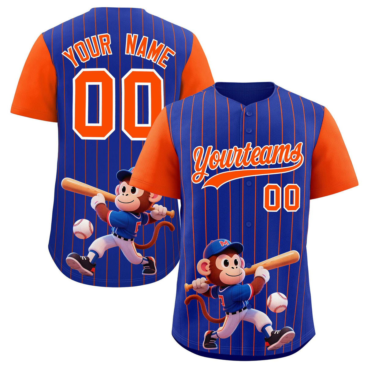 Custom Royal Orange Stripe Animals Graffiti Pattern Raglan Sleeves Authentic Baseball Jersey