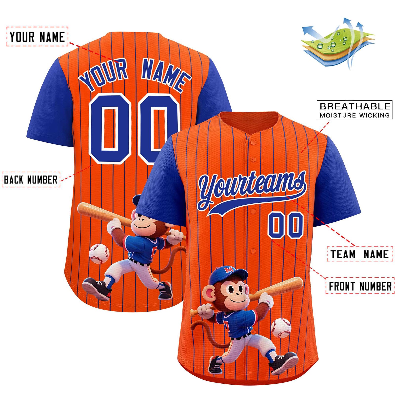 Custom Orange Royal Stripe Animals Graffiti Pattern Raglan Sleeves Authentic Baseball Jersey