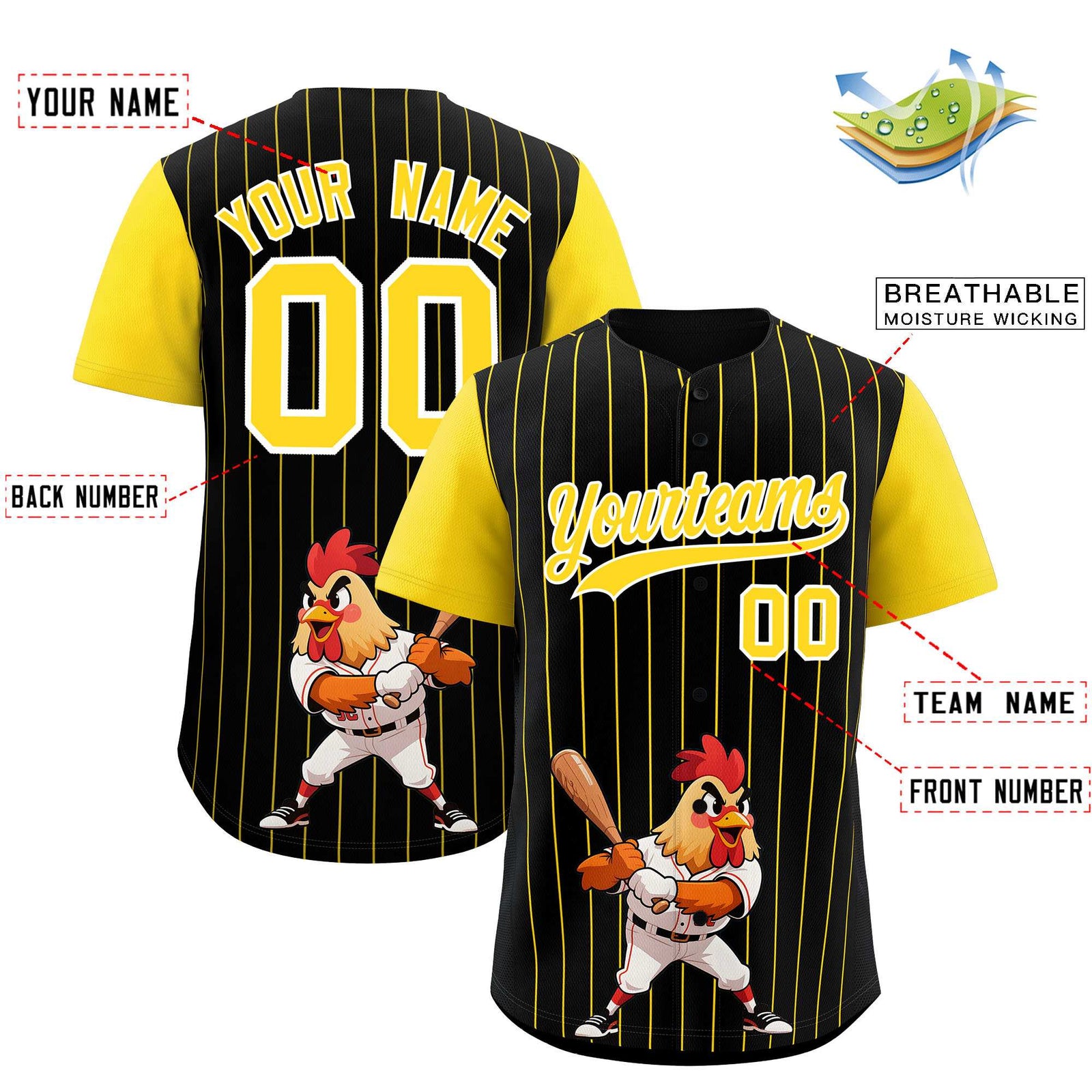 Custom Black Gold Stripe Animals Graffiti Pattern Raglan Sleeves Authentic Baseball Jersey