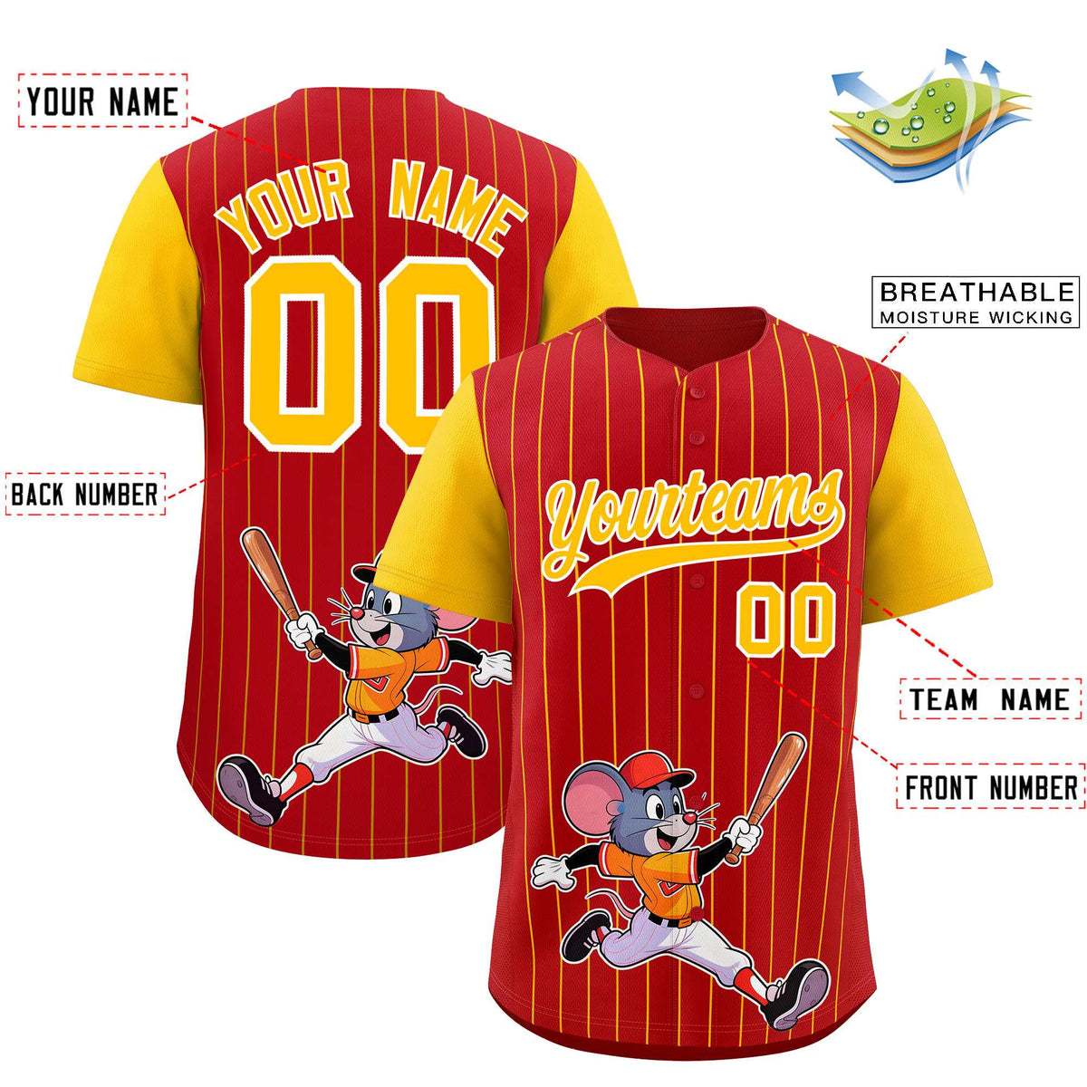 Custom Red Yellow Stripe Animals Graffiti Pattern Raglan Sleeves Authentic Baseball Jersey