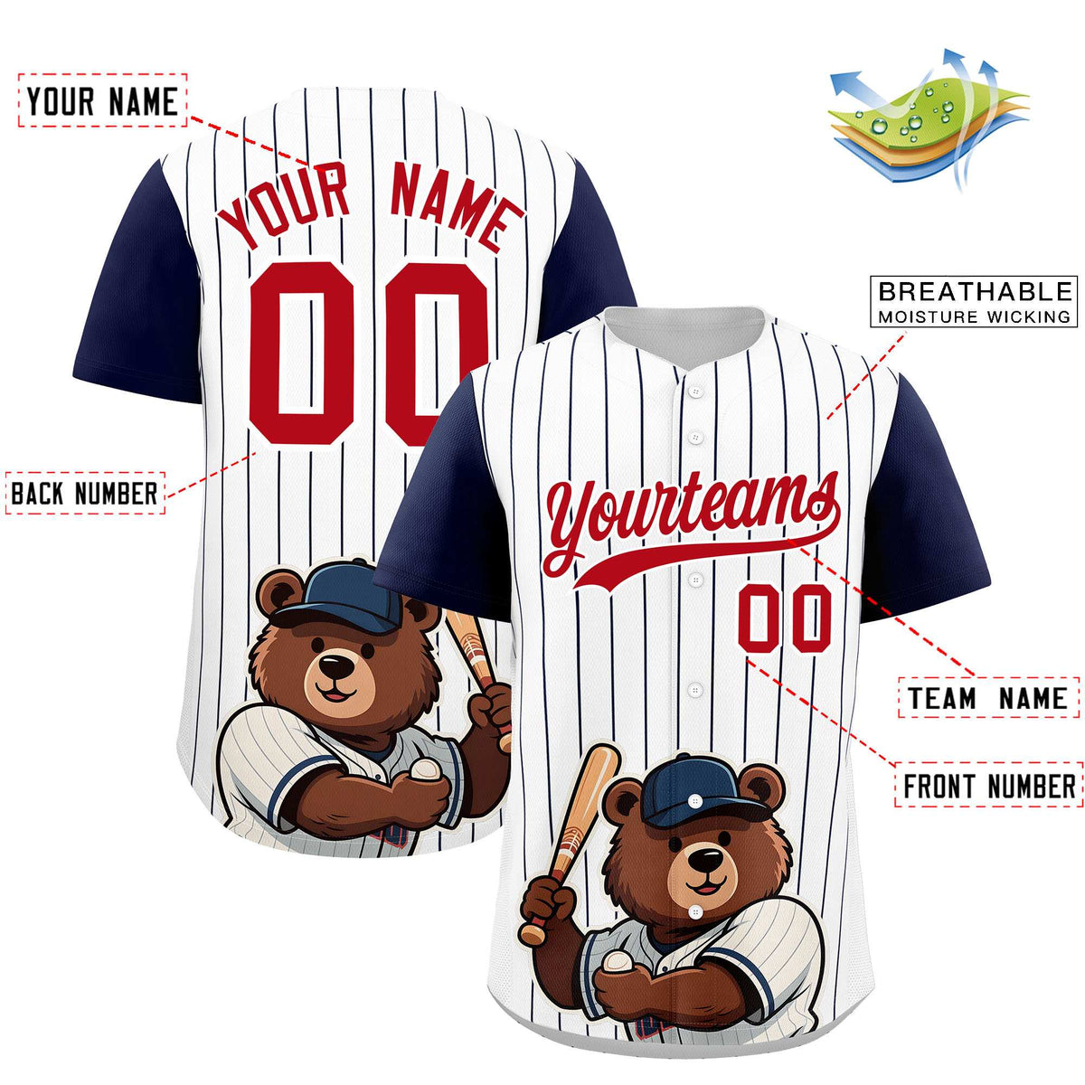 Custom White Navy Stripe Animals Graffiti Pattern Raglan Sleeves Authentic Baseball Jersey