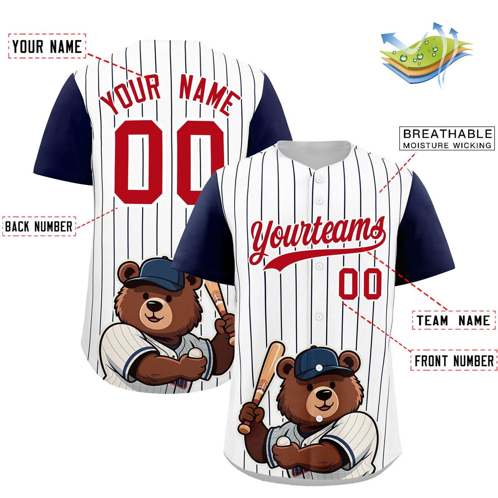 Custom White Navy Stripe Animals Graffiti Pattern Raglan Sleeves Authentic Baseball Jersey