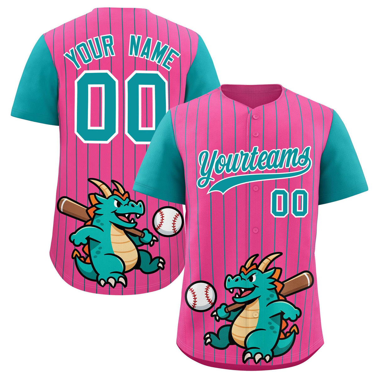 Custom Pink Aqua Stripe Animals Graffiti Pattern Raglan Sleeves Authentic Baseball Jersey