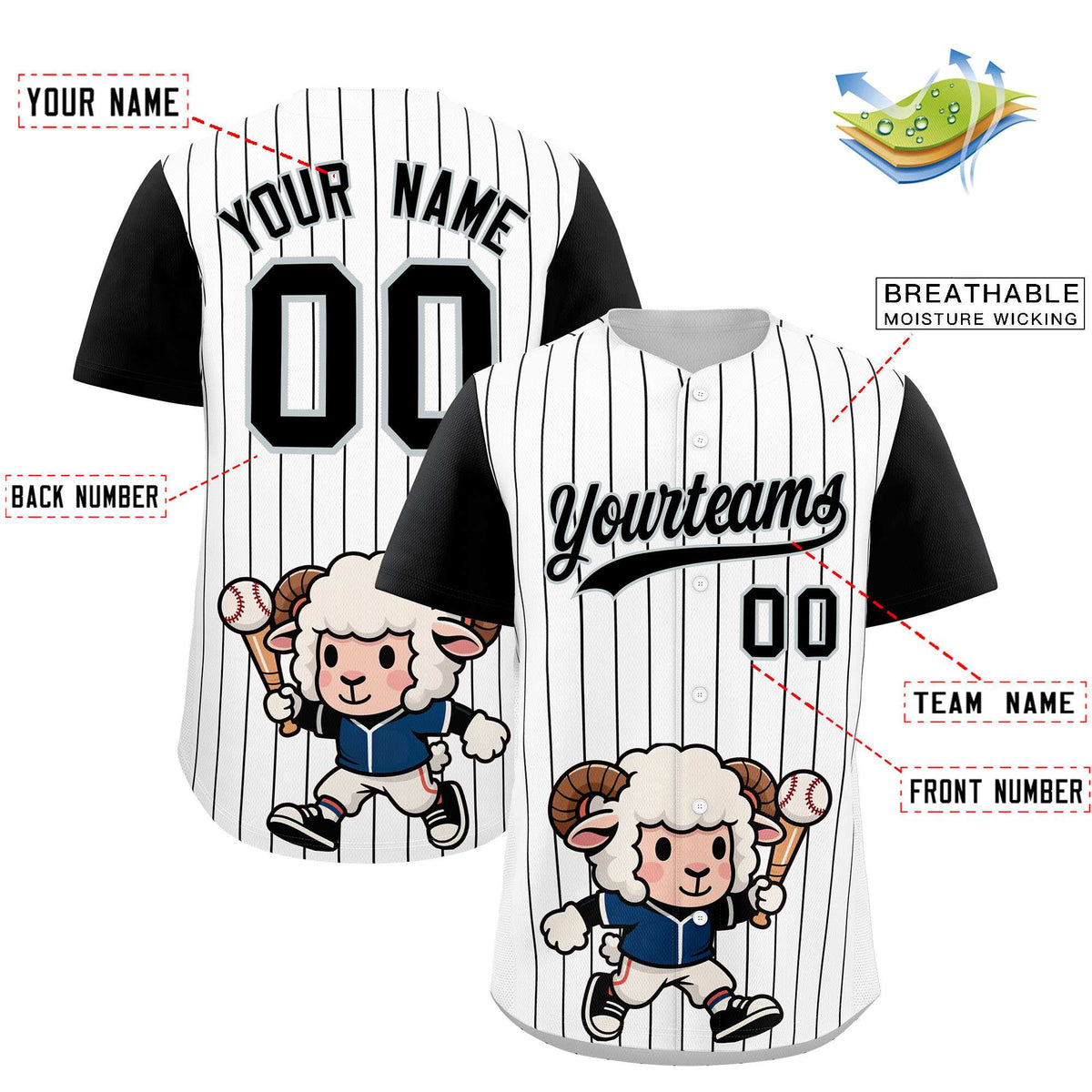 Custom White Black Stripe Animals Graffiti Pattern Raglan Sleeves Authentic Baseball Jersey