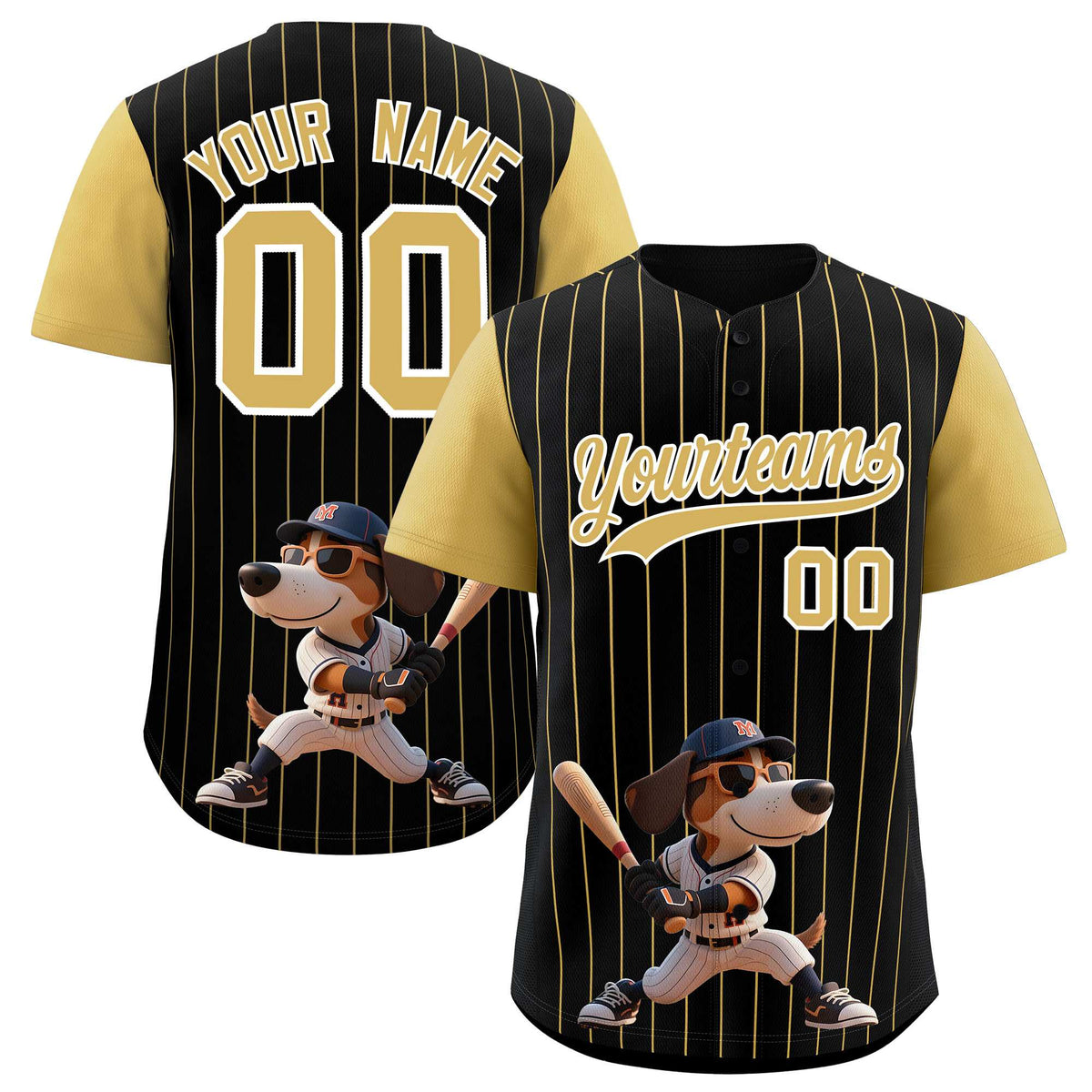 Custom Black Old Gold Stripe Animals Graffiti Pattern Raglan Sleeves Authentic Baseball Jersey