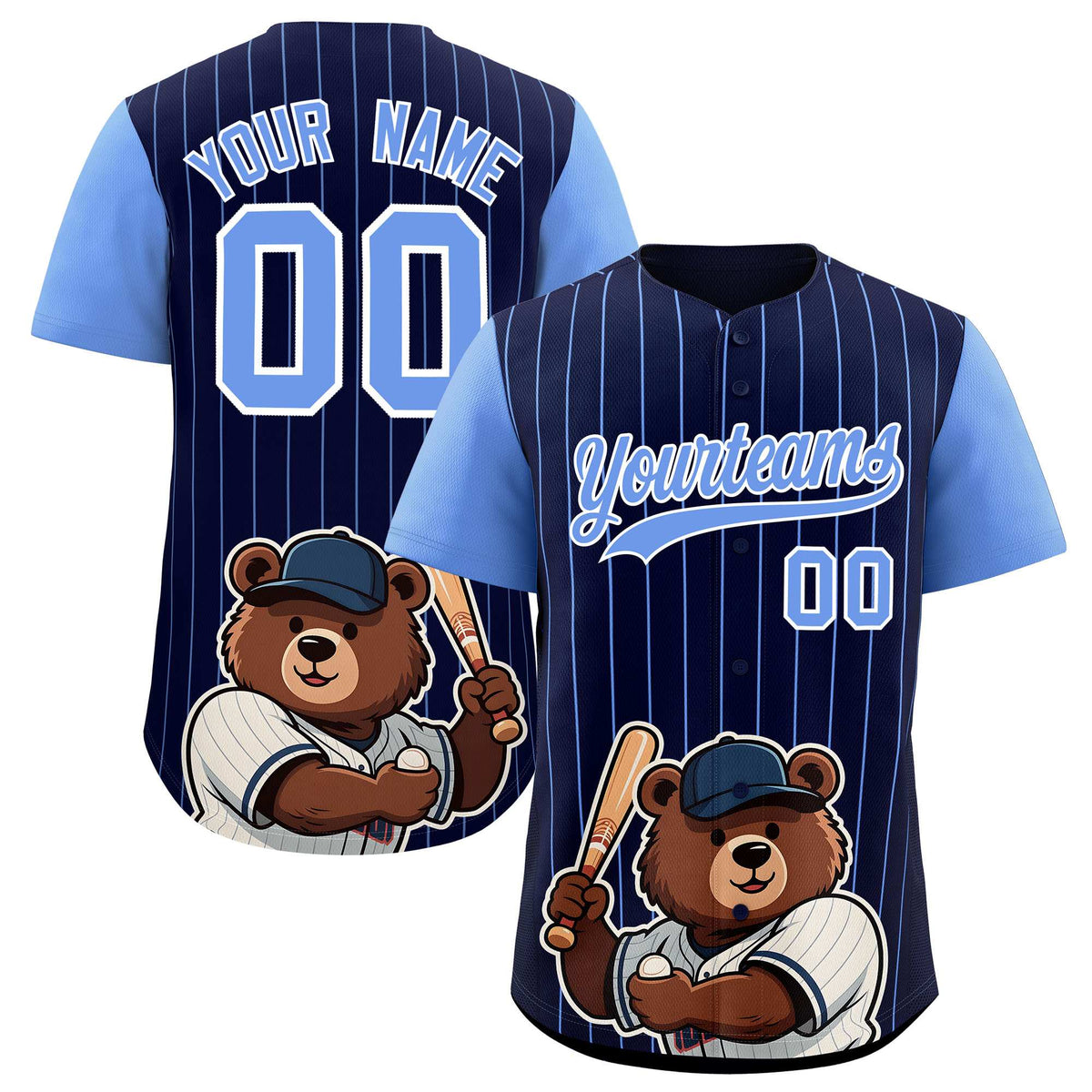 Custom Navy Light Blue Stripe Animals Graffiti Pattern Raglan Sleeves Authentic Baseball Jersey
