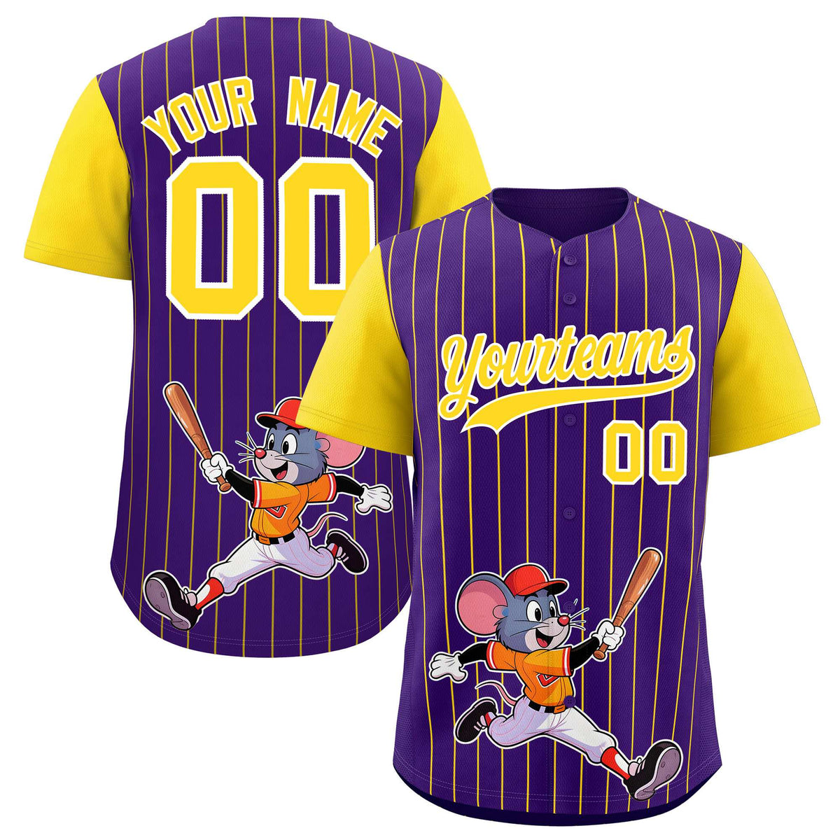 Custom Purple Gold Stripe Animals Graffiti Pattern Raglan Sleeves Authentic Baseball Jersey