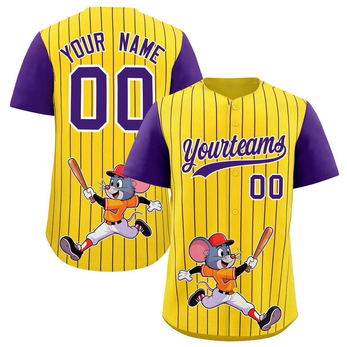 Custom Gold Purple Stripe Animals Graffiti Pattern Raglan Sleeves Authentic Baseball Jersey