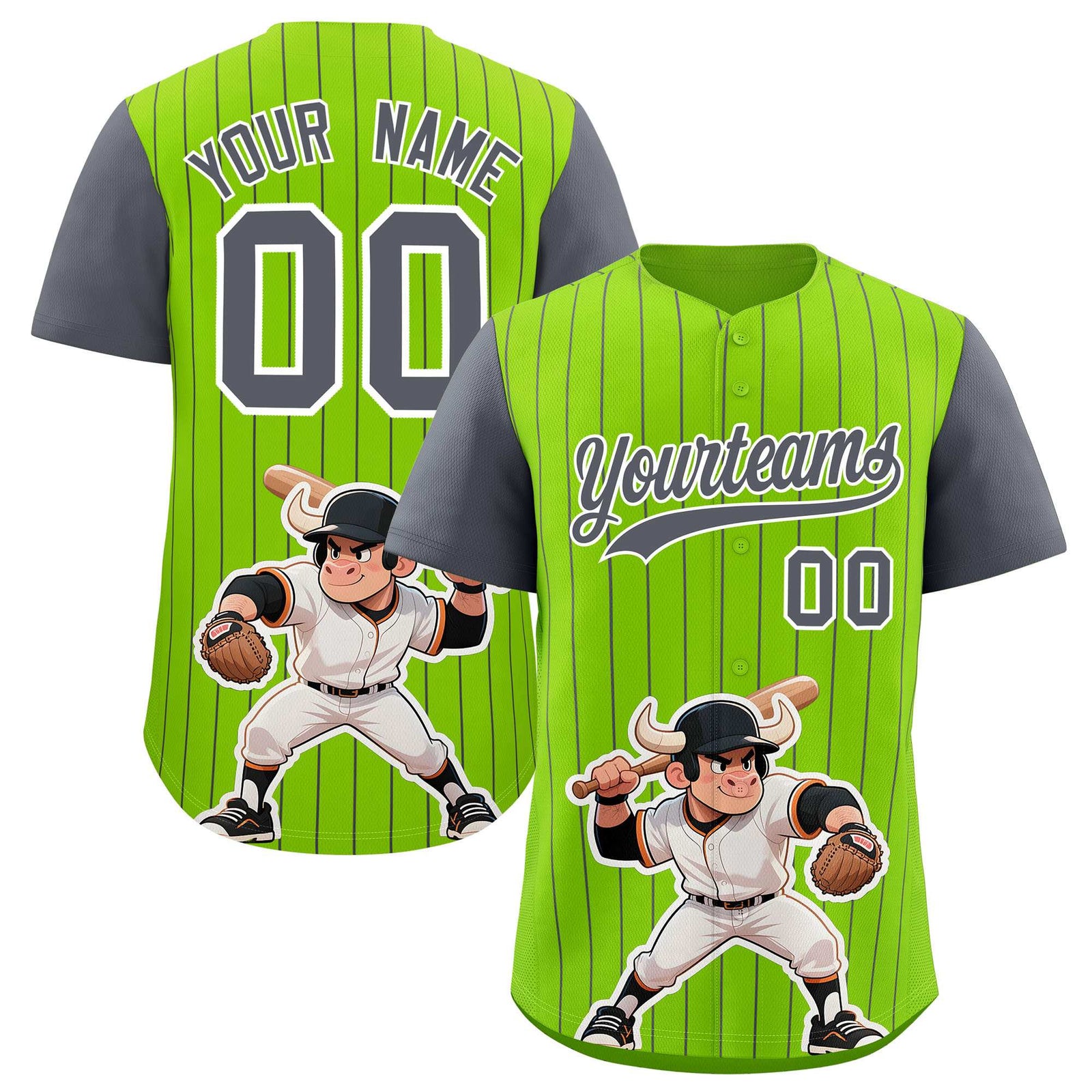 Custom Neon Green Dark Gray Stripe Animals Graffiti Pattern Raglan Sleeves Authentic Baseball Jersey
