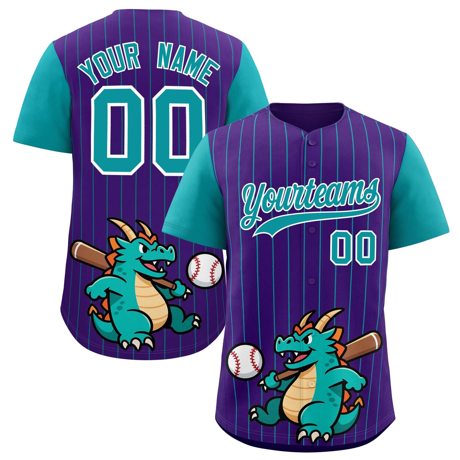Custom Purple Aqua Stripe Animals Graffiti Pattern Raglan Sleeves Authentic Baseball Jersey