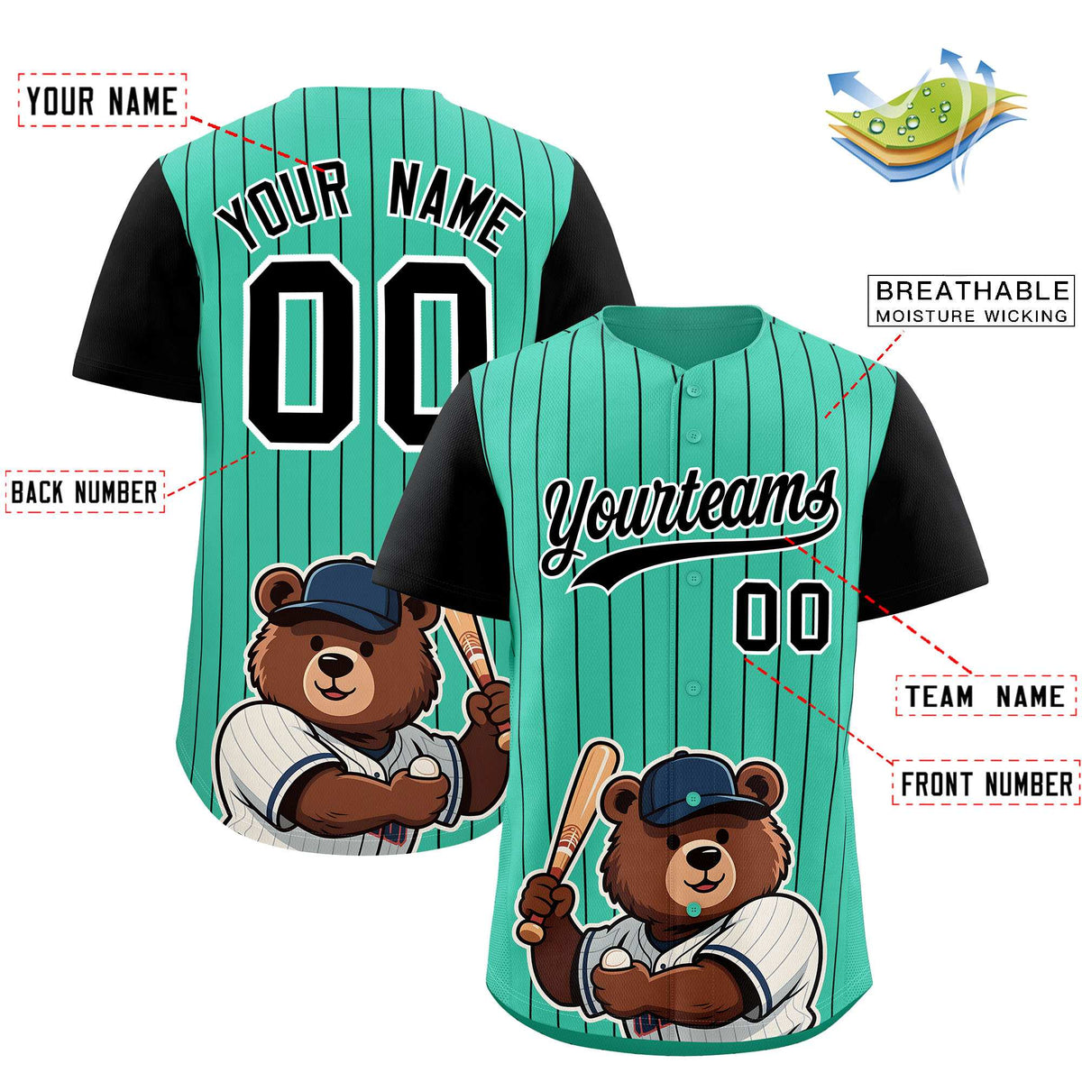 Custom Bright Green Black Stripe Animals Graffiti Pattern Raglan Sleeves Authentic Baseball Jersey
