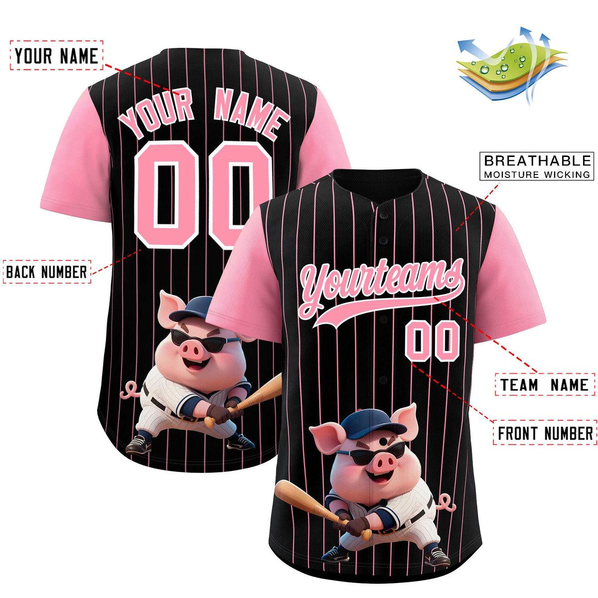 Custom Black Light Pink Stripe Animals Graffiti Pattern Raglan Sleeves Authentic Baseball Jersey